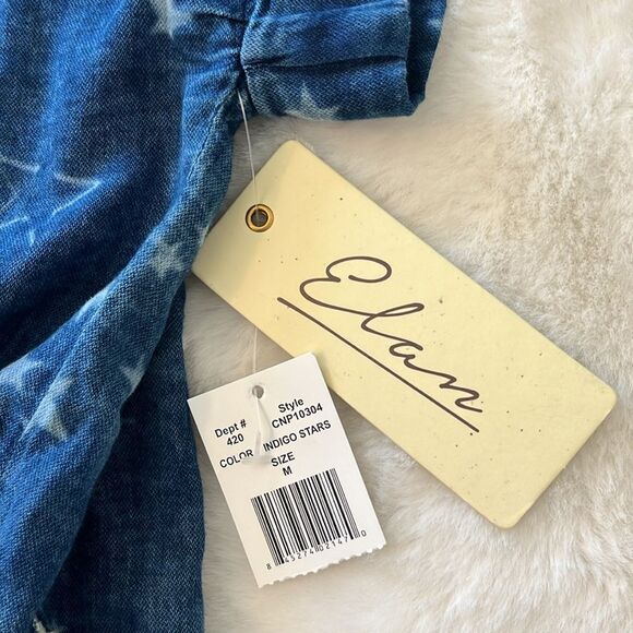 New! ELAN Button Up Front Tie Shirt Blouse Indigo Stars Size Medium NWT - Picture 11 of 12